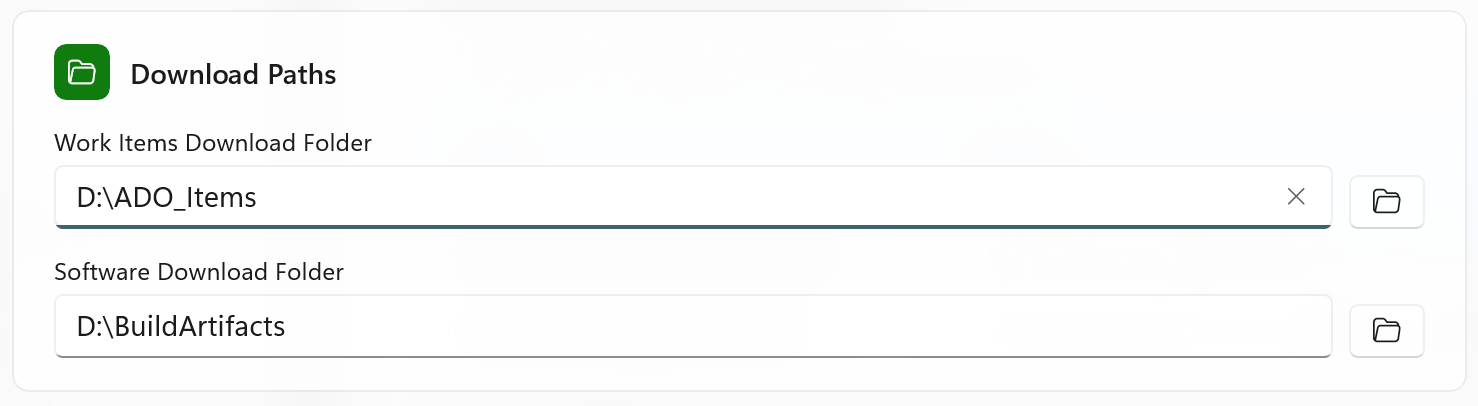 Settings tab Download Paths card